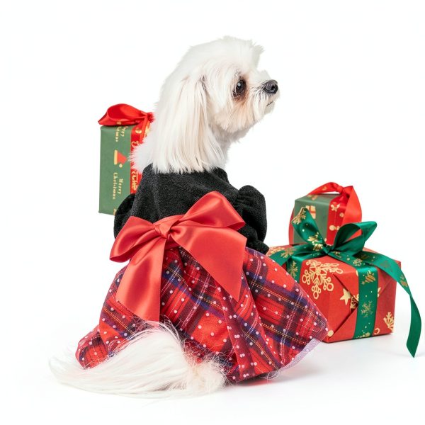 Fitwarm Christmas Puff Sleeve Dog Dress - Plaid Black Red XXS-2
