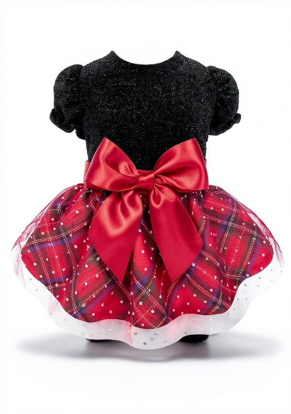 Fitwarm Christmas Puff Sleeve Dog Dress - Plaid Black Red XXS-4