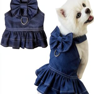 Denim Dog Dress by ANIAC Small Blue Dress with Bow Knot and D‑Ring-0