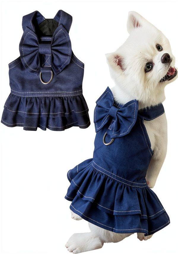Denim Dog Dress by ANIAC Small Blue Dress with Bow Knot and D‑Ring-0