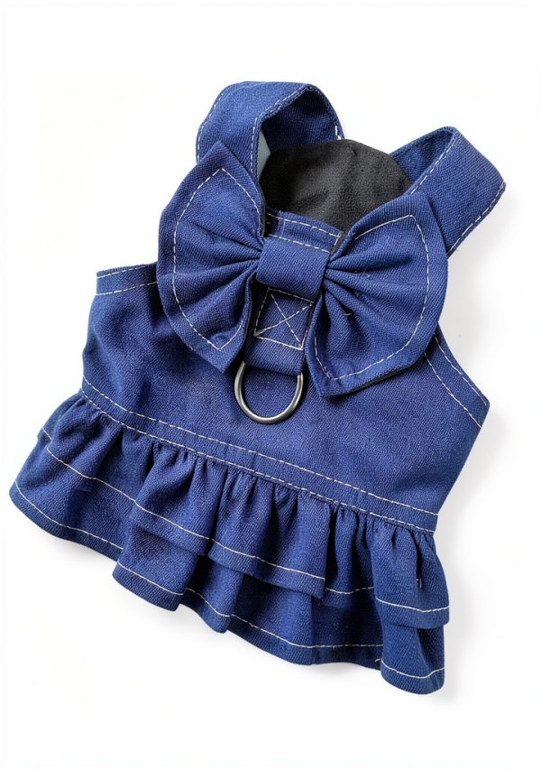 Denim Dog Dress by ANIAC Small Blue Dress with Bow Knot and D‑Ring-3