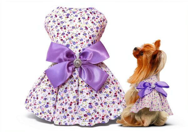 Floral Print Dog Dress by MSNFOASM Satin Bow Pearl Trim Small Size-0