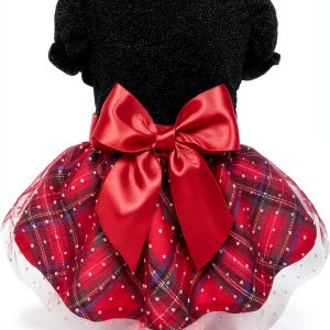 Fitwarm Christmas Puff Sleeve Dog Dress - Plaid Black Red XXS-0