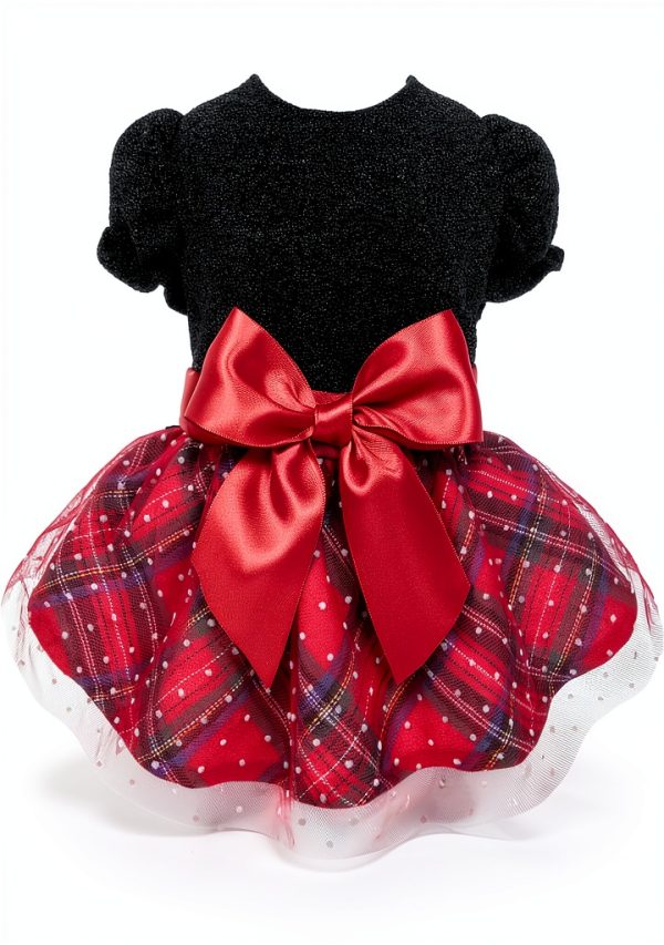 Fitwarm Christmas Puff Sleeve Dog Dress - Plaid Black Red XXS-0