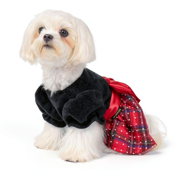 Fitwarm Christmas Puff Sleeve Dog Dress - Plaid Black Red XXS-1