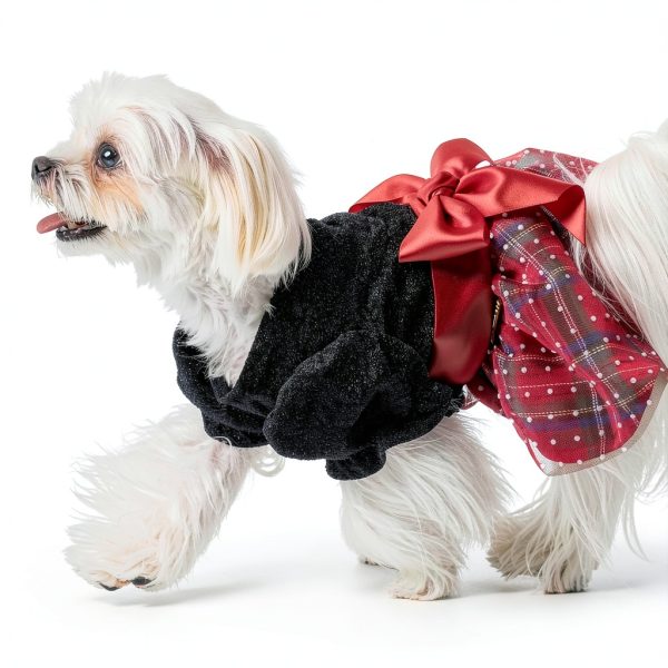 Fitwarm Christmas Puff Sleeve Dog Dress - Plaid Black Red XXS-3