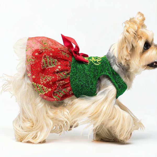 Fitwarm Dog Christmas Outfit Tulle Dress Sparkly Red Green Golden XS-3