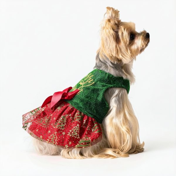 Fitwarm Dog Christmas Outfit Tulle Dress Sparkly Red Green Golden XS-2