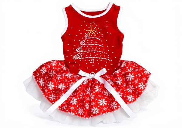Petitebella Rhinestone Christmas Tree Dog Dress Red Snowflakes X-Large-0