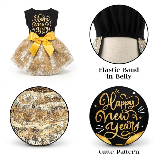Dog Happy New Year Outfit BAOBICUTE Dress Elastic Waist Gold Bow-5