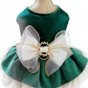 ANIAC Retro Dog Tulle Dress with Leash Ring Spring Summer Girl Puppy Clothes for Small Dog Cat Apparel Formal Pet Prom Dress for Christmas Wedding Birthday Valentines (Green,Large)-0