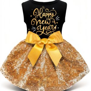 Dog Happy New Year Outfit BAOBICUTE Dress Elastic Waist Gold Bow-0
