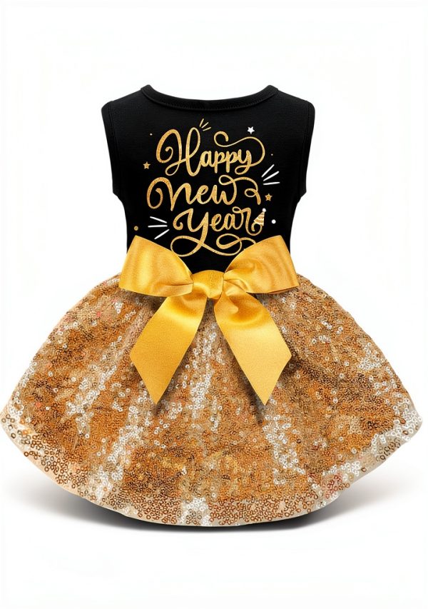 Dog Happy New Year Outfit BAOBICUTE Dress Elastic Waist Gold Bow-0