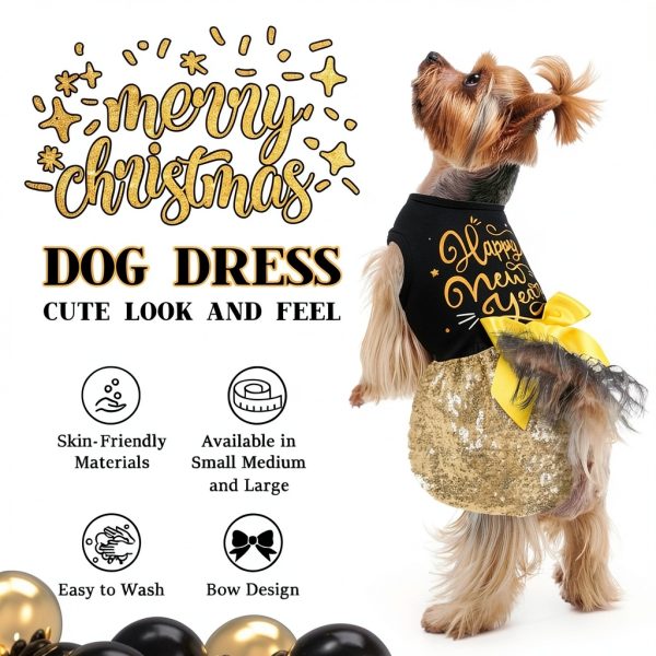 Dog Happy New Year Outfit BAOBICUTE Dress Elastic Waist Gold Bow-3