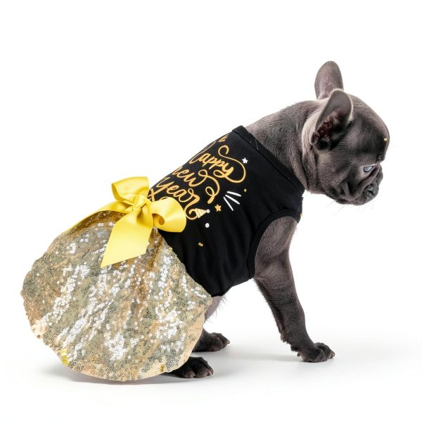 Dog Happy New Year Outfit BAOBICUTE Dress Elastic Waist Gold Bow-1